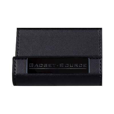 Black leather media stand with an engraved imprint.