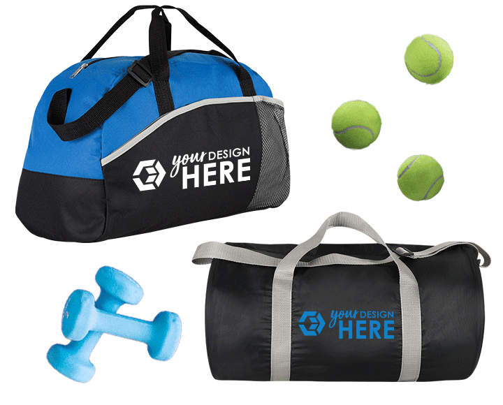 Blue and black customizable duffel bags with white imprint and black custom gym bags with blue imprint