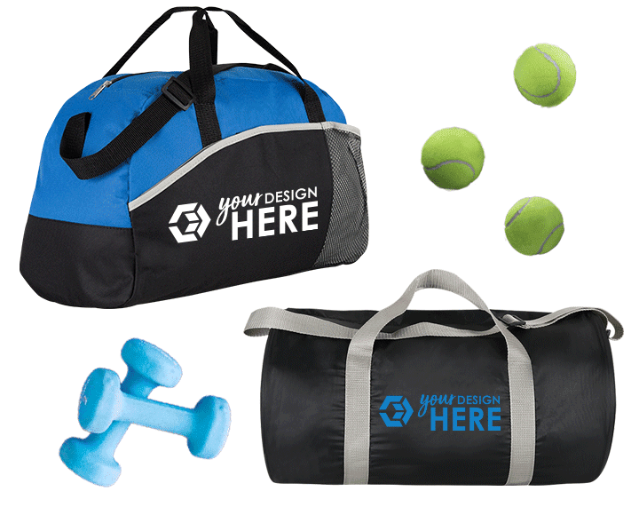 Blue and black customizable duffel bags with white imprint and black custom gym bags with blue imprint