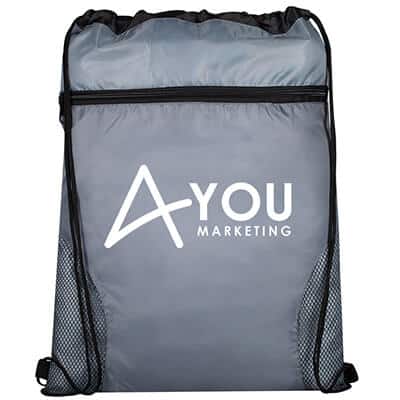Polyester gray arena drawstring sports pack with imprinted logo.