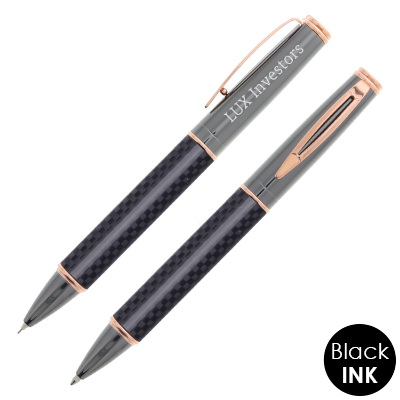 Rose gold pen and pencil with customized logo engraved.