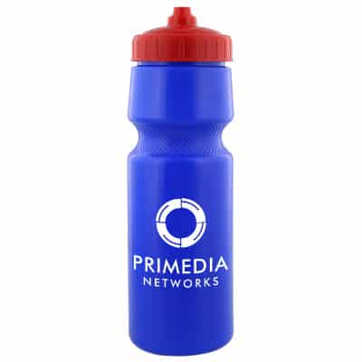 Plastic blue water bottle with custom imprint and valve lid in 24 ounces.