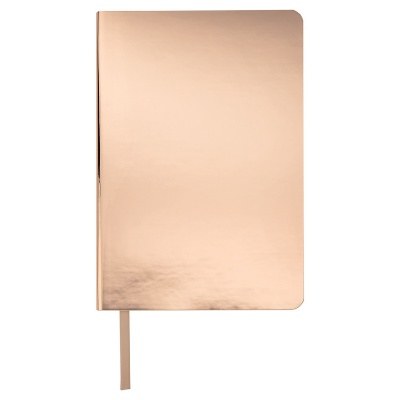 Shiny rose gold metallic notebook.