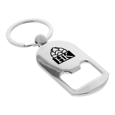 Silver metal verdugo bottle opener with one-color imprint.