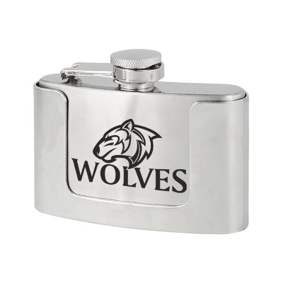 Silver flask with custom imprint in 3 ounces.