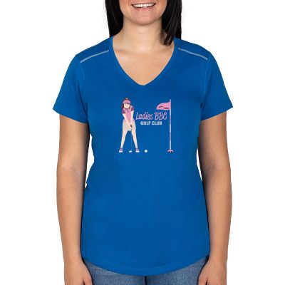 Ladies bolt blue v neck t-shirt with personalized full color logo.