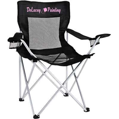 Branded black mesh back and bottom folding chair with branded carrying bag.