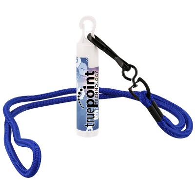 Plastic blue SPF 30 lip balm with lanyard and full color imprint.
