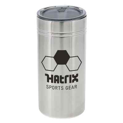 Metal silver slim can cooler with custom logo.