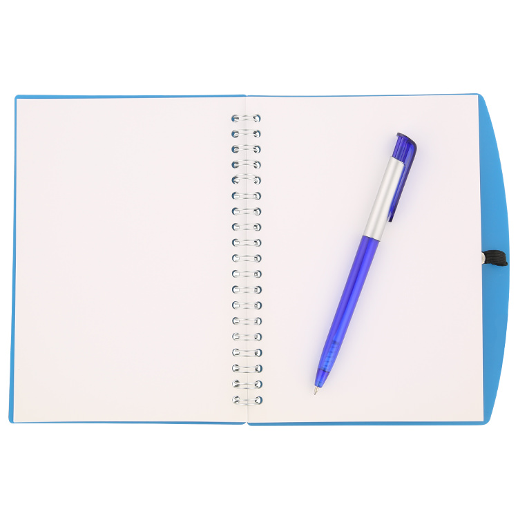 Translucent unlined notebook with pen.