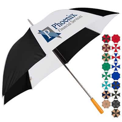 Full color logo on 60 inch white and black golf panel umbrella.