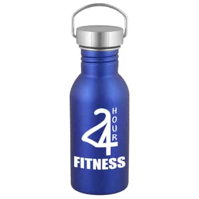 Stainless steel blue water bottle with branding in 20 ounces.