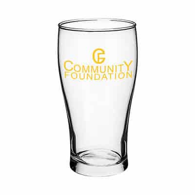 Glass clear beer glass with custom imprint in 20 ounces.