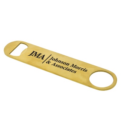 Brushed gold stainless steel paddle style bottle opener with promotional imprint.