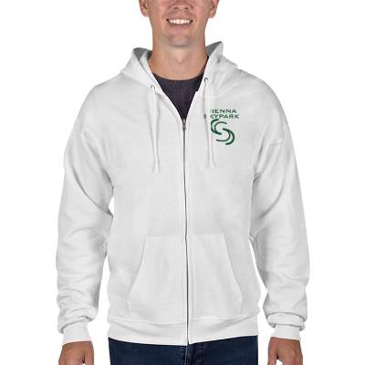 Custom white full-zip hooded sweatshirt with logo.