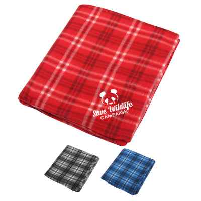 Red and white plaid fleece blanket with custom design.