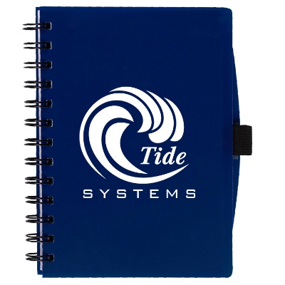 Royal blue notebook with elastic pen holder and custom logo.