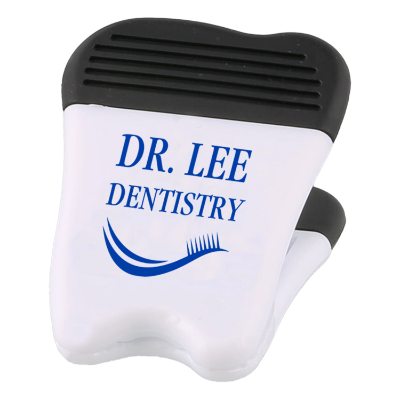 White plastic tooth shaped magnetic clip with custom imprint.