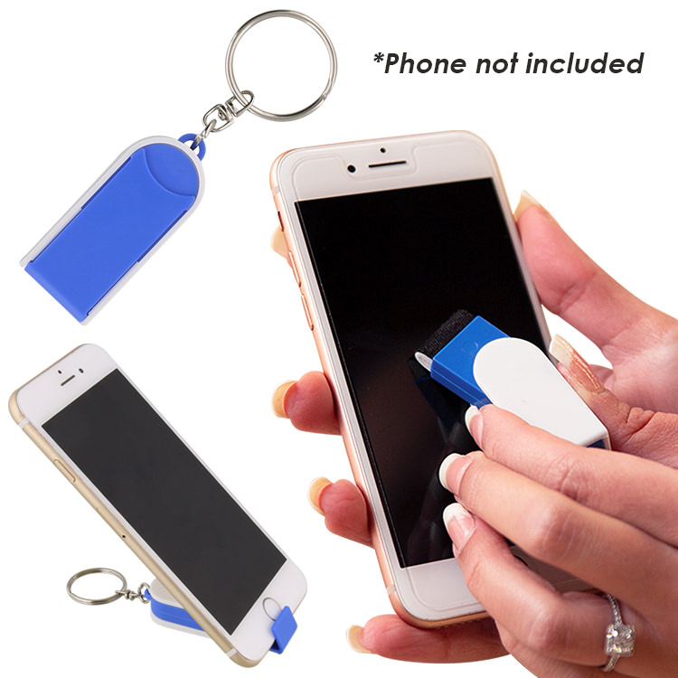 Plastic screen cleaner and phone stand keychain blank.