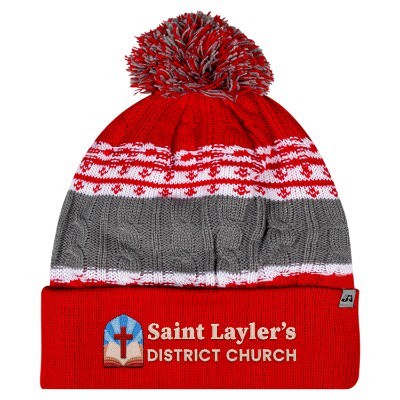 Red embroidered custom knit cap.