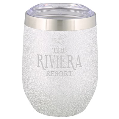Stainless steel silver tumbler with custom print in 12 ounces.