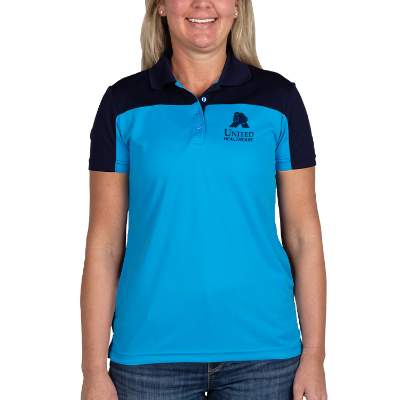 Customized blue with navy colorblock ladies' performance polo