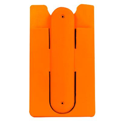 Orange silicone phone wallet blank with stand.