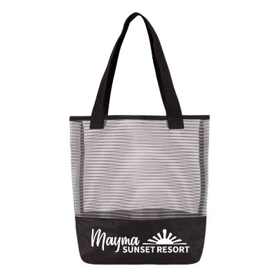 Polyester and mesh charcoal pinstripe mesh tote with customized imprint.