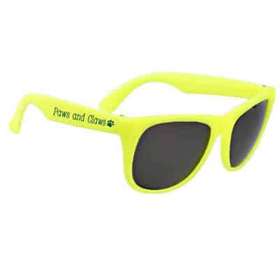 Polypropylene resin and polycarbonate neon yellow malibu sunglasses with promotional logo.