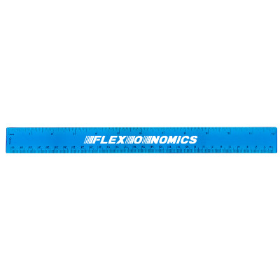 Bendable 12 inch translucent blue ruler with branding.