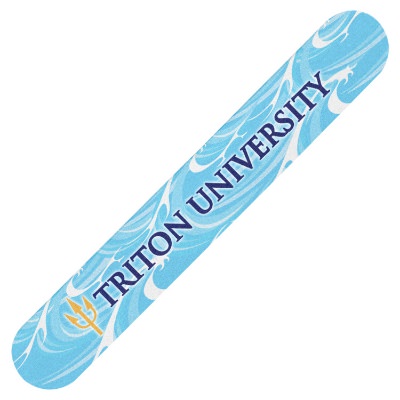 White plastic nail file with a custom logo.