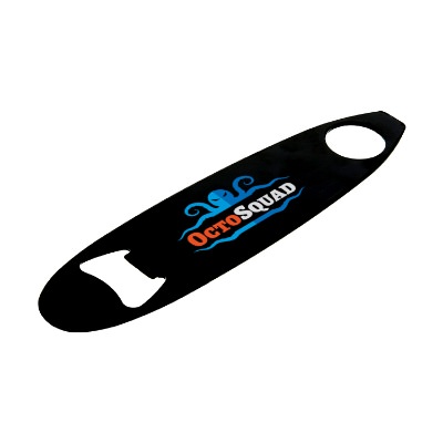 Surfboard paddle style bottle opener with custom full color imprint.