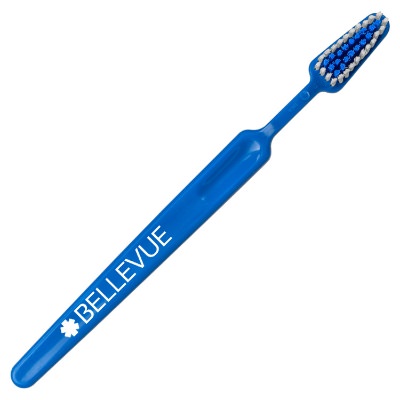 Blue plastic toothbrush with a personalized imprint.