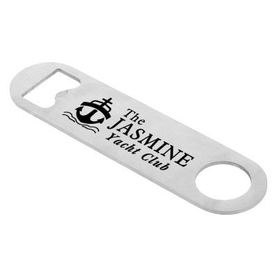 Mini stainless steel paddle style bottle opener with custom imprint.