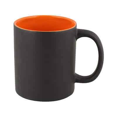 Ceramic black with orange coffee mug with c-handle blank in 11 ounces.