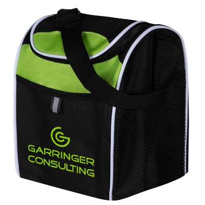 Lime green polyester lunch cooler bag with custom imprint.