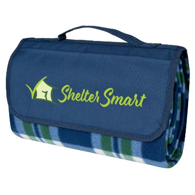Light blue plaid role up fleece blanket with handle and full color branding.