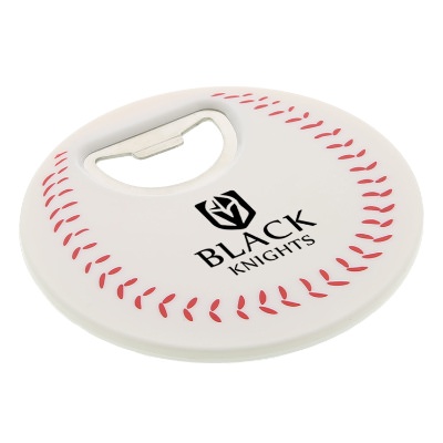 White plastic baseball bottle opener coaster with personalized promotional logo.