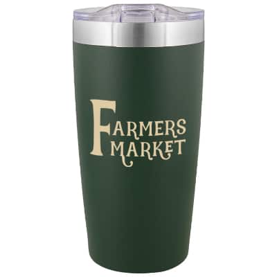 Stainless steel green tumbler with custom logo in 20 ounces.