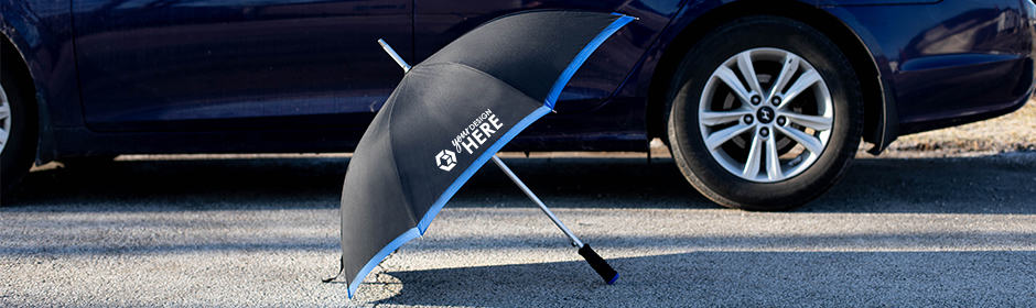 Black and blue inverted umbrella with white imprint