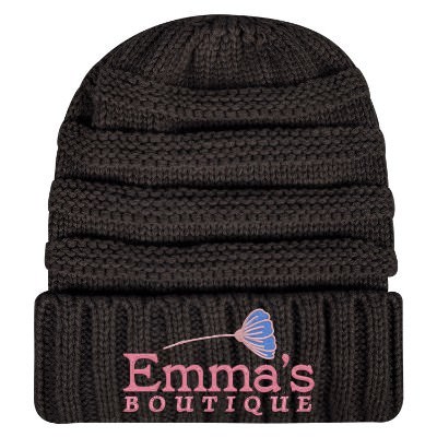 Black knit beanie with embroidered logo.