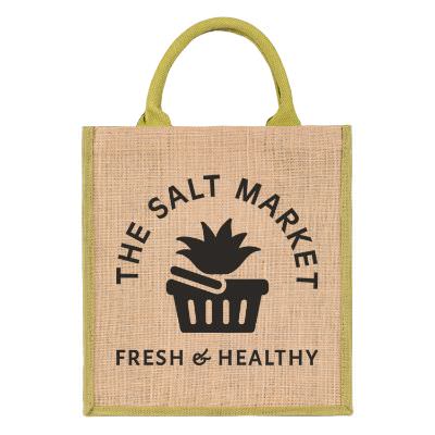Natural jute breakout tote with promotional logo.