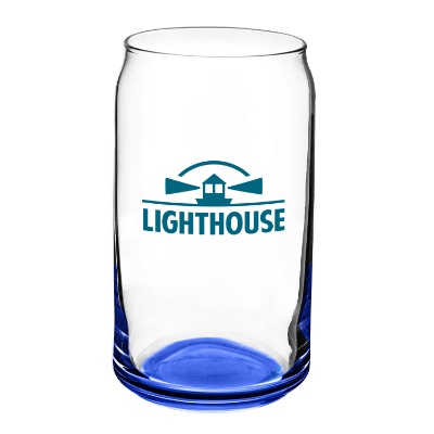 Blue beer glass with custom logo.