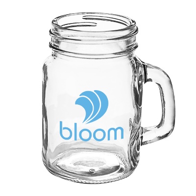 Clear mason jar with custom logo.