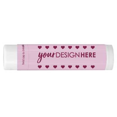 Customizable Valentines lip balm with pink hearts.
