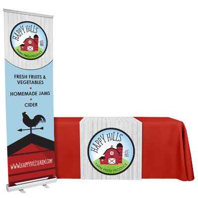Custom polyester 30 inch table runner with custom 24 inch banner stand trade show package.