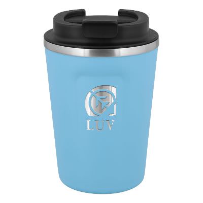 Blue tumbler with engraved imprint.