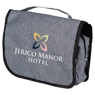 Polyester gray heathered hanging travel bag with branded full color logo.