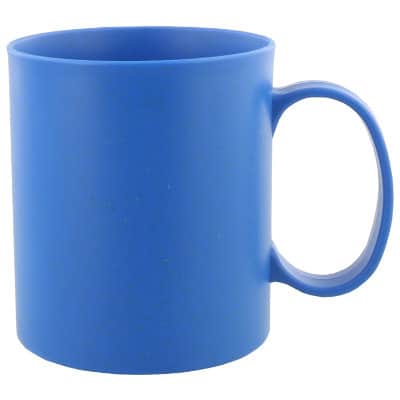 Plastic blue coffee mug blank in 12 ounces.