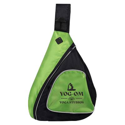 Lime green sling backpack with custom logo.